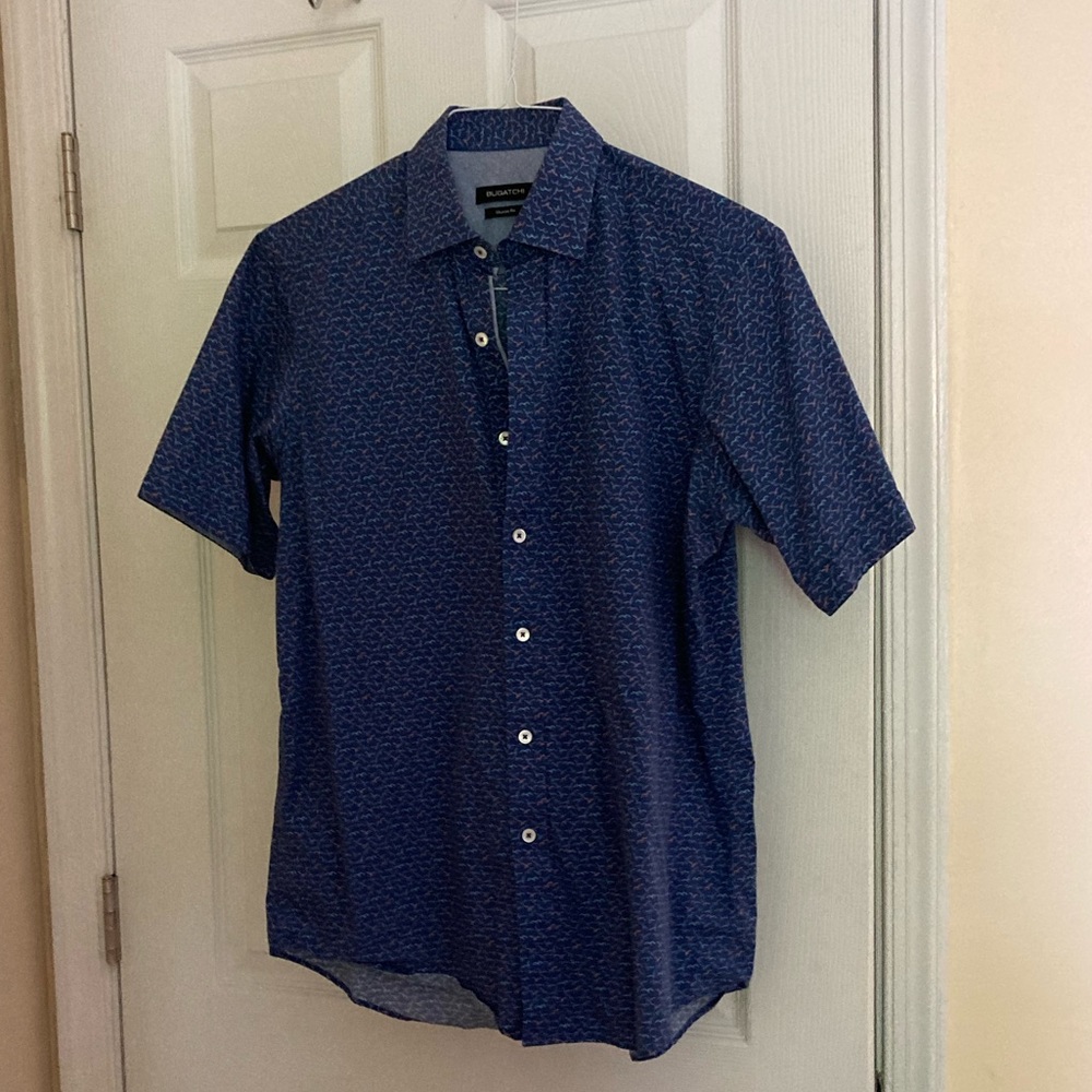 Bugatchi Small Collared Short Sleeve Blue Patterned Shirt
